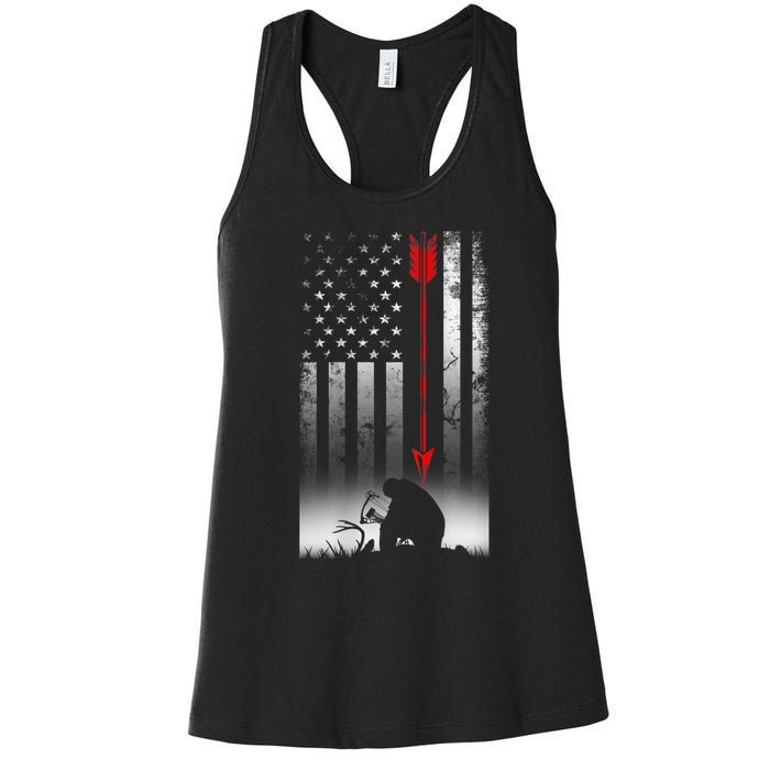 Bow Deer Hunting American Flag For Bow Hunting Women's Racerback Tank