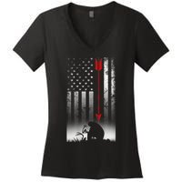 Bow Deer Hunting American Flag For Bow Hunting Women's V-Neck T-Shirt