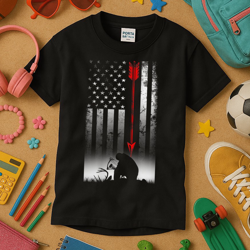 Bow Deer Hunting American Flag For Bow Hunting Kids T-Shirt