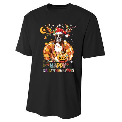 Boxer Dog Happy Hallothanksmas Halloween Thanksgiving Funny Performance Sprint T-Shirt