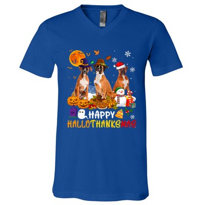 Boxer Dog Happy Hallothanksmas Xmas Dog Lover Gift V-Neck T-Shirt