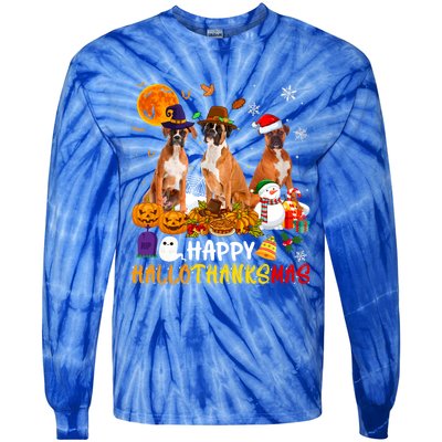 Boxer Dog Happy Hallothanksmas Xmas Dog Lover Gift Tie-Dye Long Sleeve Shirt