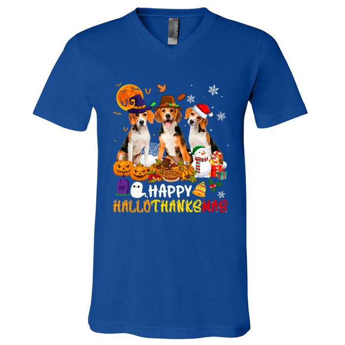 Beagle Dog Happy Hallothanksmas Xmas Dog Lover Meaningful Gift V-Neck T-Shirt