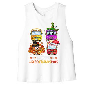 Bus Driver Happy HalloThanksMas Thanksgiving Christmas Women's Racerback Cropped Tank