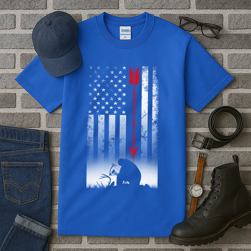 Bow Deer Hunting American Flag Gift For Bow Hunting Gift Tall T-Shirt