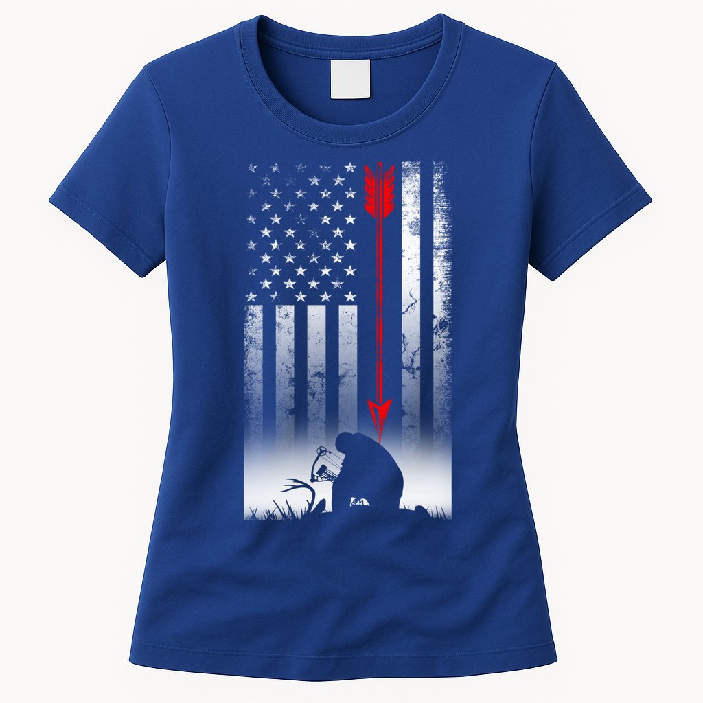 Bow Deer Hunting American Flag Gift For Bow Hunting Gift Womens T-Shirt