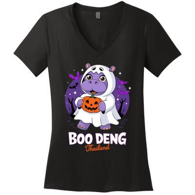 Boo Deng Halloween Costume Cute Baby Hippo Moo Deng Funny Women's V-Neck T-Shirt