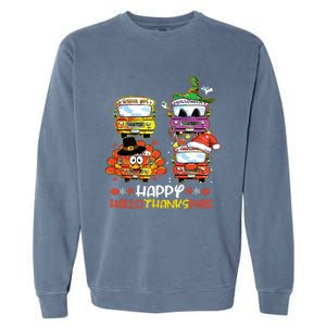 Bus Driver Happy Hallothanksmas Thanksgiving Christmas Garment-Dyed Sweatshirt