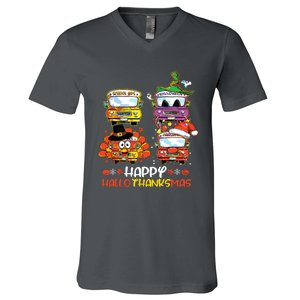 Bus Driver Happy Hallothanksmas Thanksgiving Christmas V-Neck T-Shirt