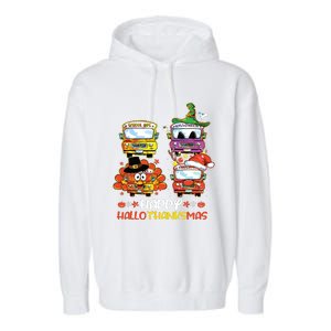 Bus Driver Happy Hallothanksmas Thanksgiving Christmas Garment-Dyed Fleece Hoodie