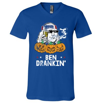 Ben Drankin Halloween Costume Ing Beer Smoking Weed Gift V-Neck T-Shirt