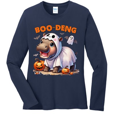 Boo Deng Halloween Baby Pygmy Hippo Bouncy Pig Moo Deng Ladies Long Sleeve Shirt