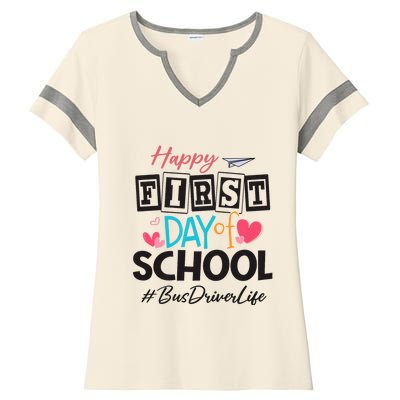 Bus Driver Happy First Day Of School Women Back To School Ladies Halftime Notch Neck Tee