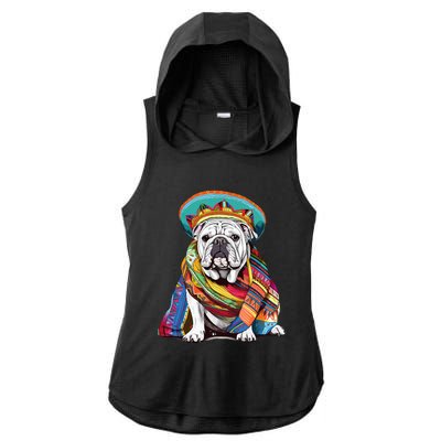 Bulldog Dog in Mexican Cinco De Mayo Sombrero and Poncho Ladies PosiCharge Tri-Blend Wicking Draft Hoodie Tank