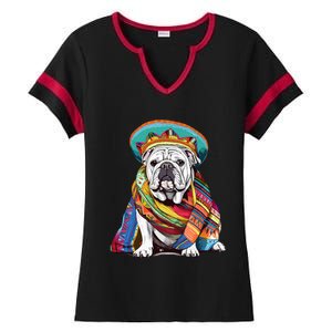 Bulldog Dog in Mexican Cinco De Mayo Sombrero and Poncho Ladies Halftime Notch Neck Tee