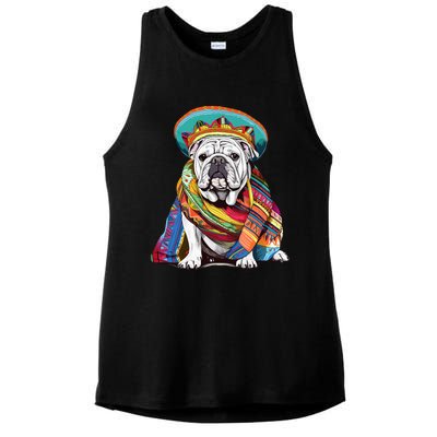 Bulldog Dog in Mexican Cinco De Mayo Sombrero and Poncho Ladies PosiCharge Tri-Blend Wicking Tank