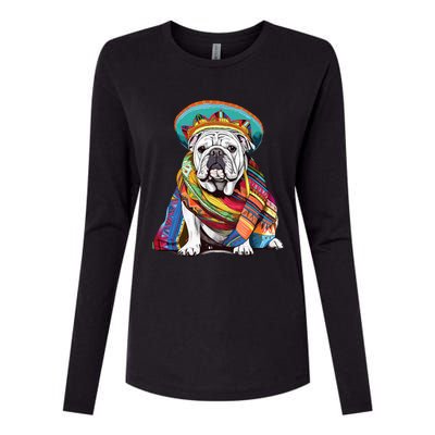 Bulldog Dog in Mexican Cinco De Mayo Sombrero and Poncho Womens Cotton Relaxed Long Sleeve T-Shirt