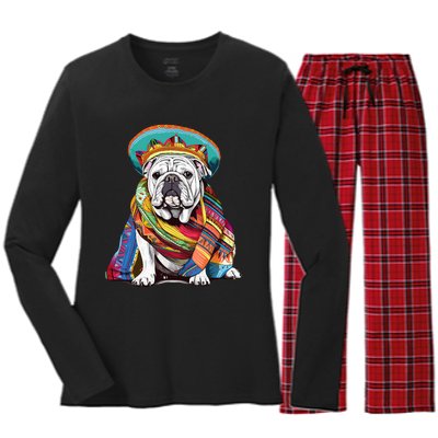 Bulldog Dog in Mexican Cinco De Mayo Sombrero and Poncho Women's Long Sleeve Flannel Pajama Set 