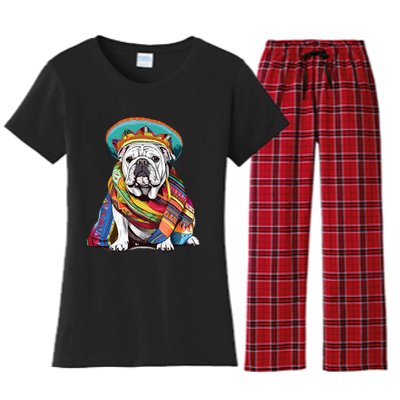 Bulldog Dog in Mexican Cinco De Mayo Sombrero and Poncho Women's Flannel Pajama Set