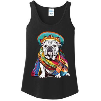 Bulldog Dog in Mexican Cinco De Mayo Sombrero and Poncho Ladies Essential Tank