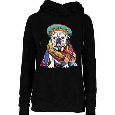 Bulldog Dog in Mexican Cinco De Mayo Sombrero and Poncho Womens Funnel Neck Pullover Hood