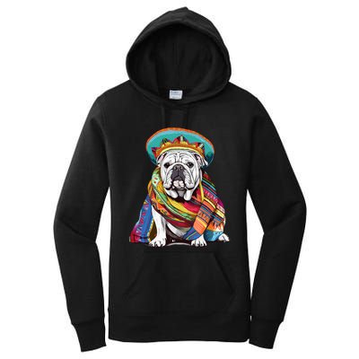 Bulldog Dog in Mexican Cinco De Mayo Sombrero and Poncho Women's Pullover Hoodie