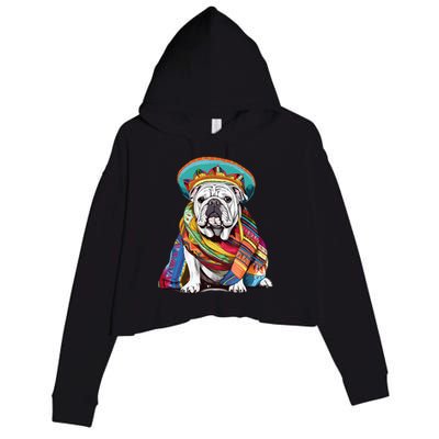 Bulldog Dog in Mexican Cinco De Mayo Sombrero and Poncho Crop Fleece Hoodie