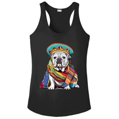 Bulldog Dog in Mexican Cinco De Mayo Sombrero and Poncho Ladies PosiCharge Competitor Racerback Tank