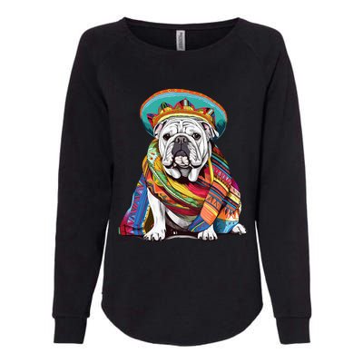 Bulldog Dog in Mexican Cinco De Mayo Sombrero and Poncho Womens California Wash Sweatshirt