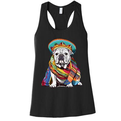 Bulldog Dog in Mexican Cinco De Mayo Sombrero and Poncho Women's Racerback Tank