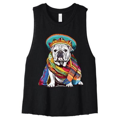 Bulldog Dog in Mexican Cinco De Mayo Sombrero and Poncho Women's Racerback Cropped Tank