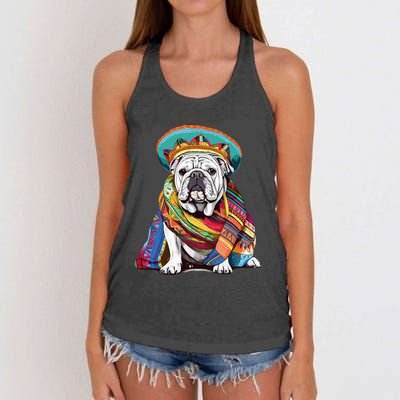 Bulldog Dog in Mexican Cinco De Mayo Sombrero and Poncho Women's Knotted Racerback Tank