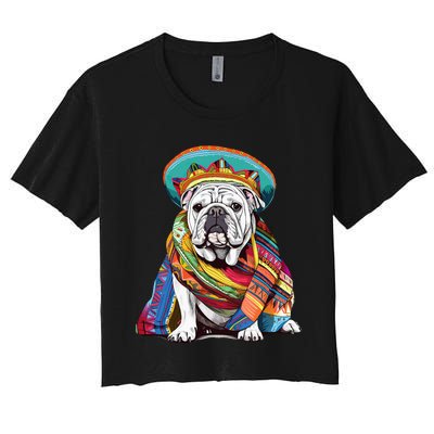 Bulldog Dog in Mexican Cinco De Mayo Sombrero and Poncho Women's Crop Top Tee