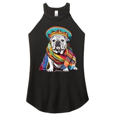 Bulldog Dog in Mexican Cinco De Mayo Sombrero and Poncho Women's Perfect Tri Rocker Tank