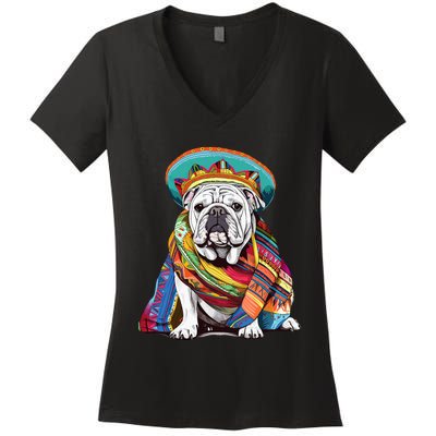 Bulldog Dog in Mexican Cinco De Mayo Sombrero and Poncho Women's V-Neck T-Shirt