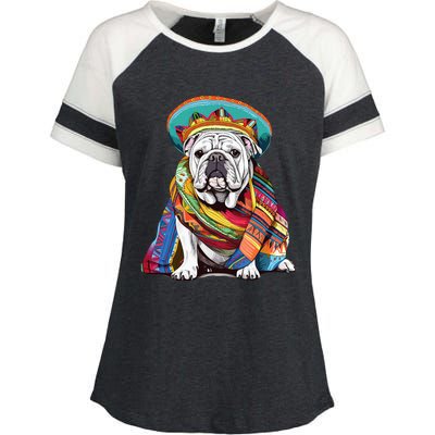 Bulldog Dog in Mexican Cinco De Mayo Sombrero and Poncho Enza Ladies Jersey Colorblock Tee