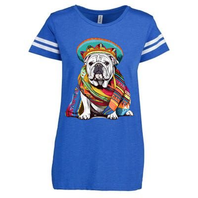 Bulldog Dog in Mexican Cinco De Mayo Sombrero and Poncho Enza Ladies Jersey Football T-Shirt