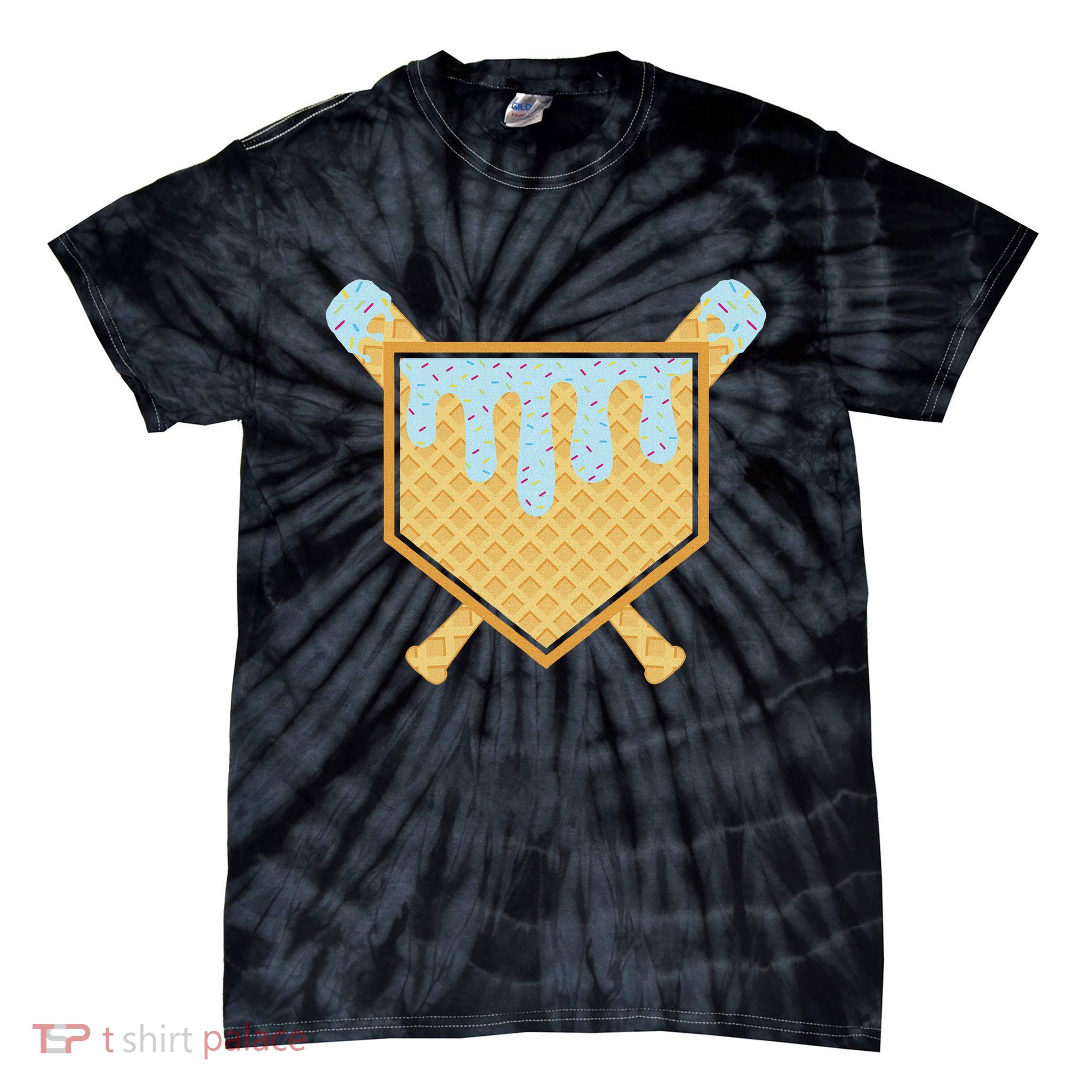 Baseball Drip Ice Cream Waffle Cone Baseball Bat Sports Tie-Dye T-Shirt