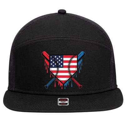 Baseball Drip Ice Cream Patriotic American Flag Funny 7 Panel Mesh Trucker Snapback Hat
