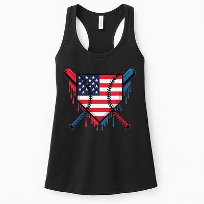 Baseball Drip Ice Cream Patriotic American Flag Funny Womens Tank Top