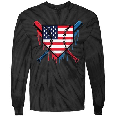 Baseball Drip Ice Cream Patriotic American Flag Funny Tie-Dye Long Sleeve Shirt