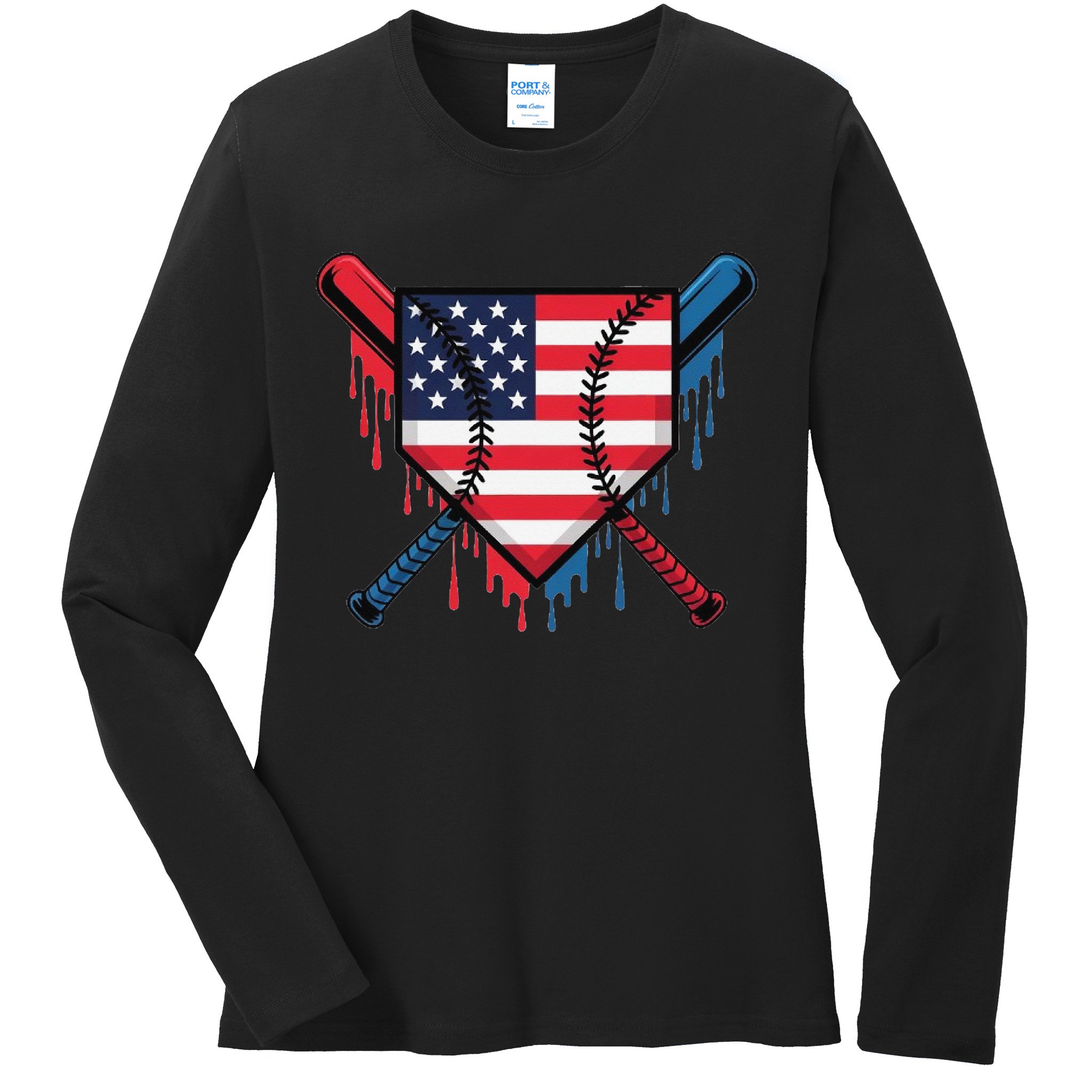 Baseball Drip Ice Cream Patriotic American Flag Funny Ladies Long Sleeve Shirt