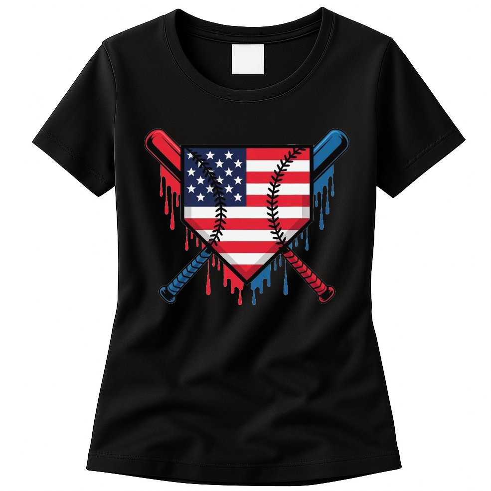 Baseball Drip Ice Cream Patriotic American Flag Funny Womens T-Shirt