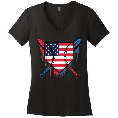 Baseball Drip Ice Cream Patriotic American Flag Funny Women's V-Neck T-Shirt