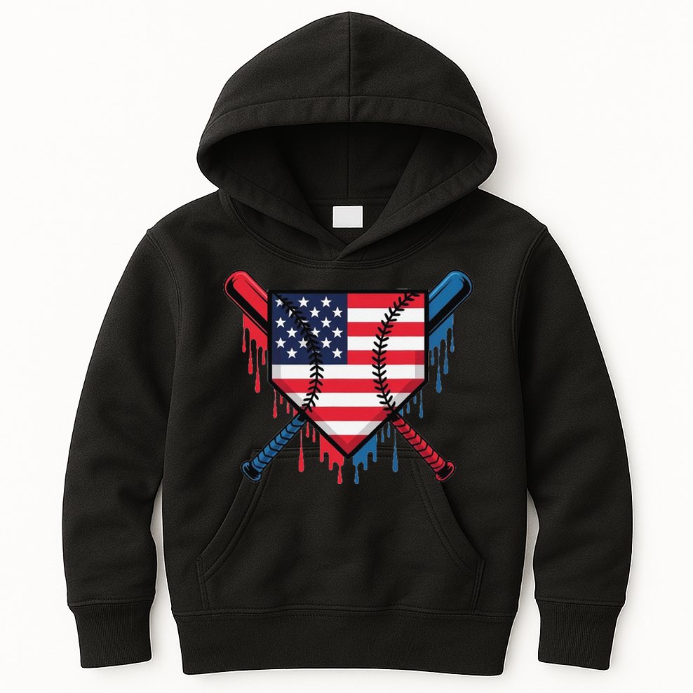 Baseball Drip Ice Cream Patriotic American Flag Funny Kids Hoodie