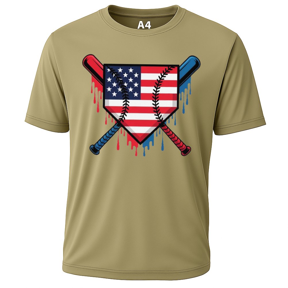 Baseball Drip Ice Cream Patriotic American Flag Funny Cooling Performance Crew T-Shirt