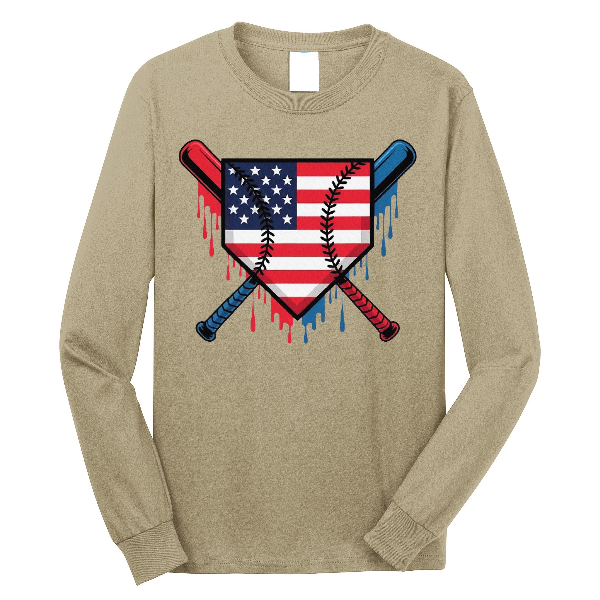 Baseball Drip Ice Cream Patriotic American Flag Funny Long Sleeve Shirt