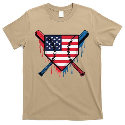 Baseball Drip Ice Cream Patriotic American Flag Funny T-Shirt