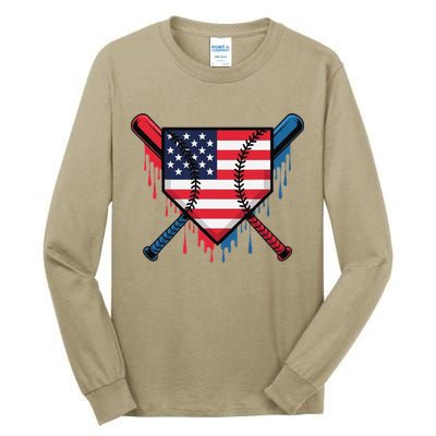Baseball Drip Ice Cream Patriotic American Flag Funny Tall Long Sleeve T-Shirt