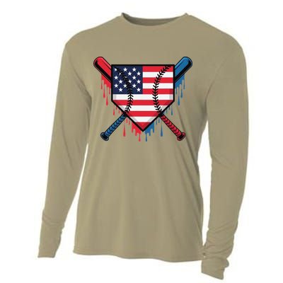 Baseball Drip Ice Cream Patriotic American Flag Funny Cooling Performance Long Sleeve Crew